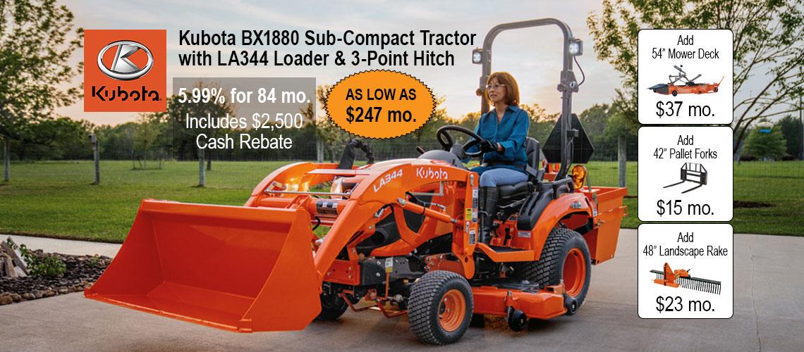 Image showing a Kubota BX1880 Sub-Compact Tractor with a Loader and Mower Deck