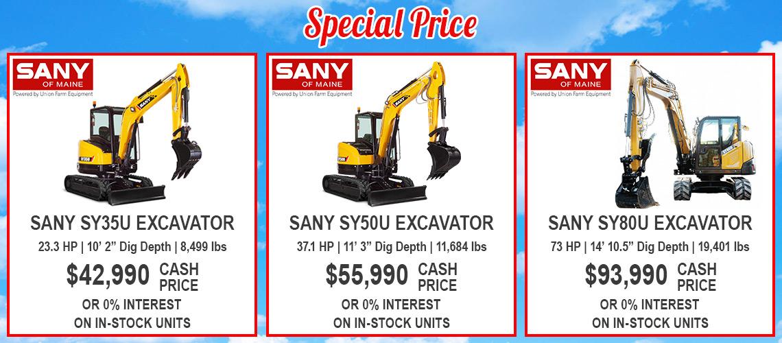 Image of three Sany excavators on a cloud background promoting special prices