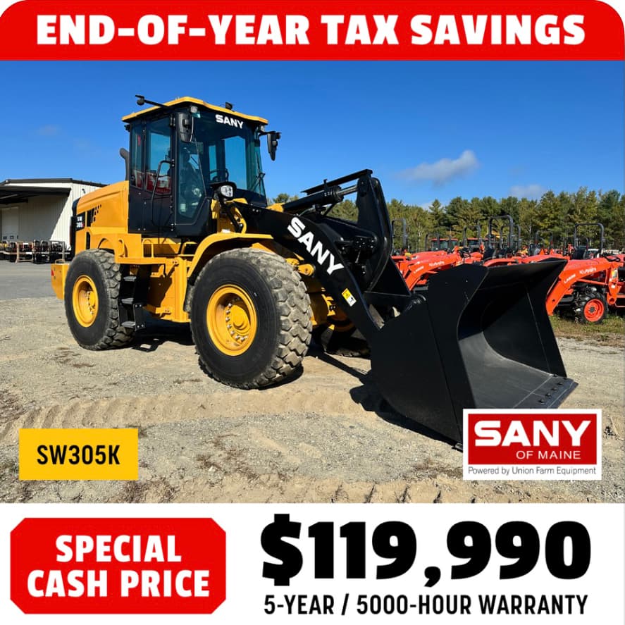 Take advantage of year end savings on this SANY SW305K Loader - Special Cash Price $119,990.00.