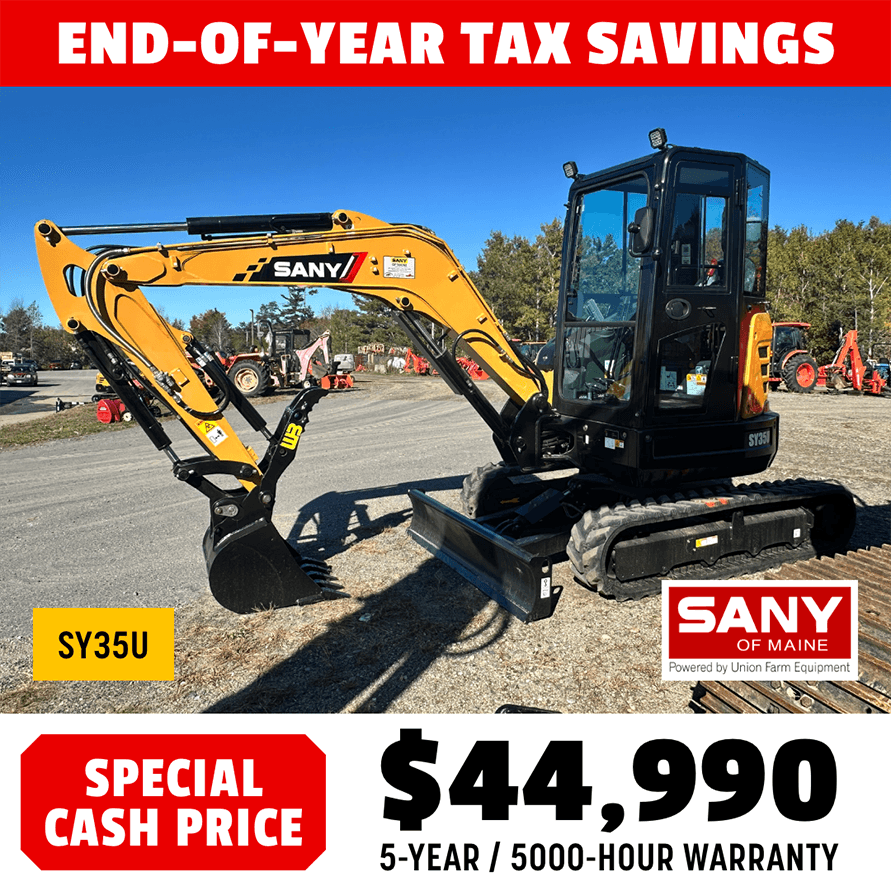 Take advantage of year end savings on this SANY SY35U Excavator - Special Cash Price $44,990.00.