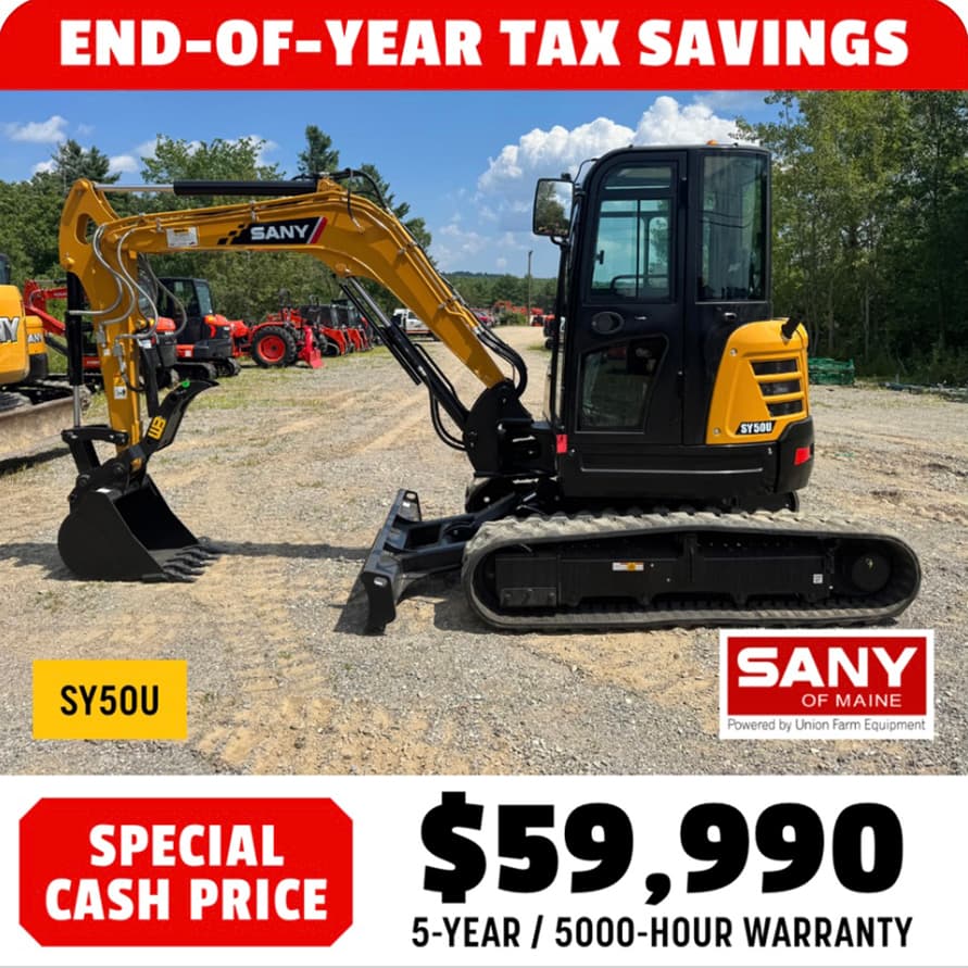 Take advantage of year end savings on this SANY SY50U Excavator - Special Cash Price $59,990.00.