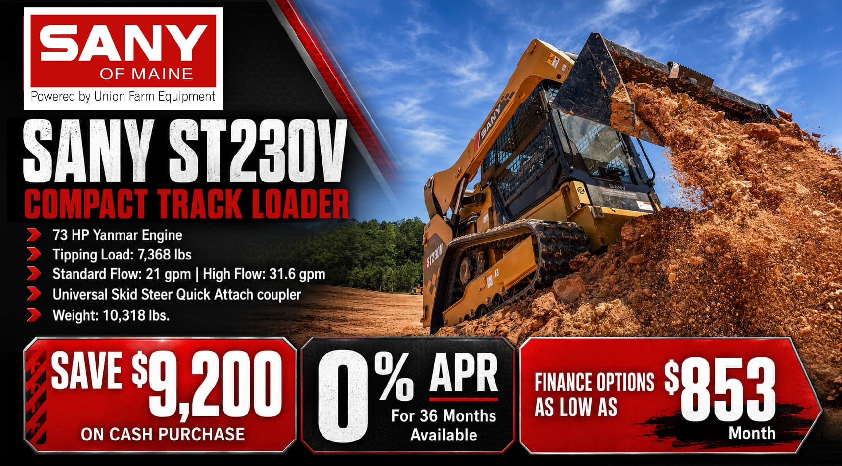 SANY ST230V compact track loader moving dirt at a construction site, featuring 73 HP Yanmar power with cash savings and 0% financing offers.